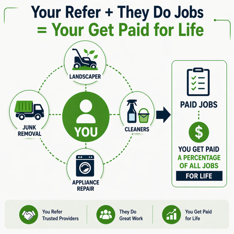 Referral network diagram showing a central user connected to landscapers, cleaners, junk removal, and appliance repair providers, leading to paid jobs and ongoing income