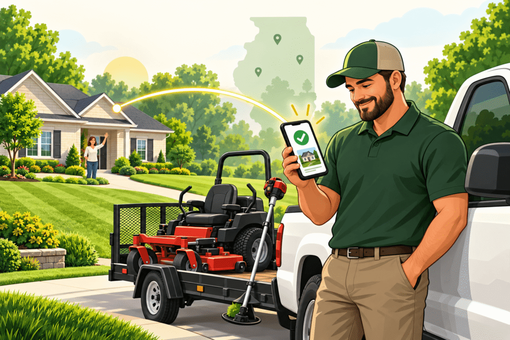 Illinois landscaping contractor receiving a local customer job beside a truck, trailer, and professional equipment