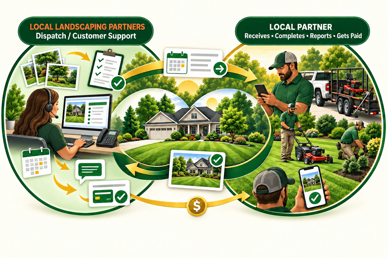 Local Landscaping Partners dispatcher coordinate a customer landscaping request with a local partner who completes, reports, and receives payment for the job