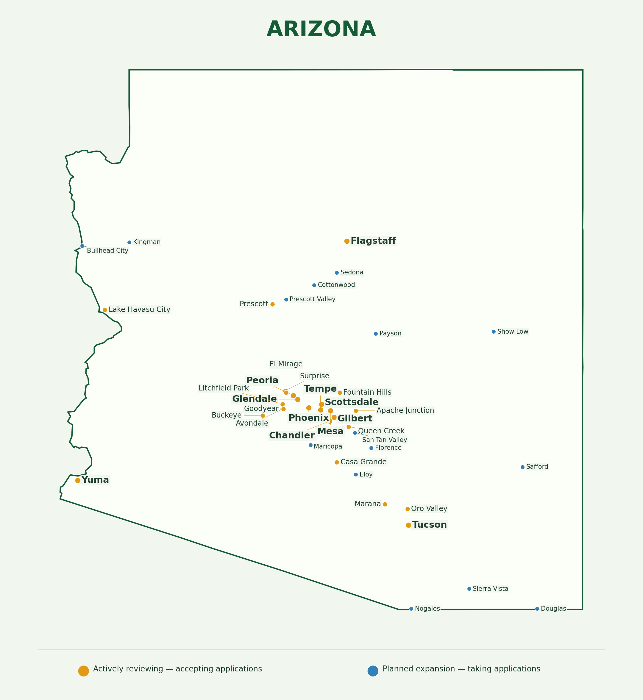 Arizona landscaping provider coverage map showing active and planned application markets across the state