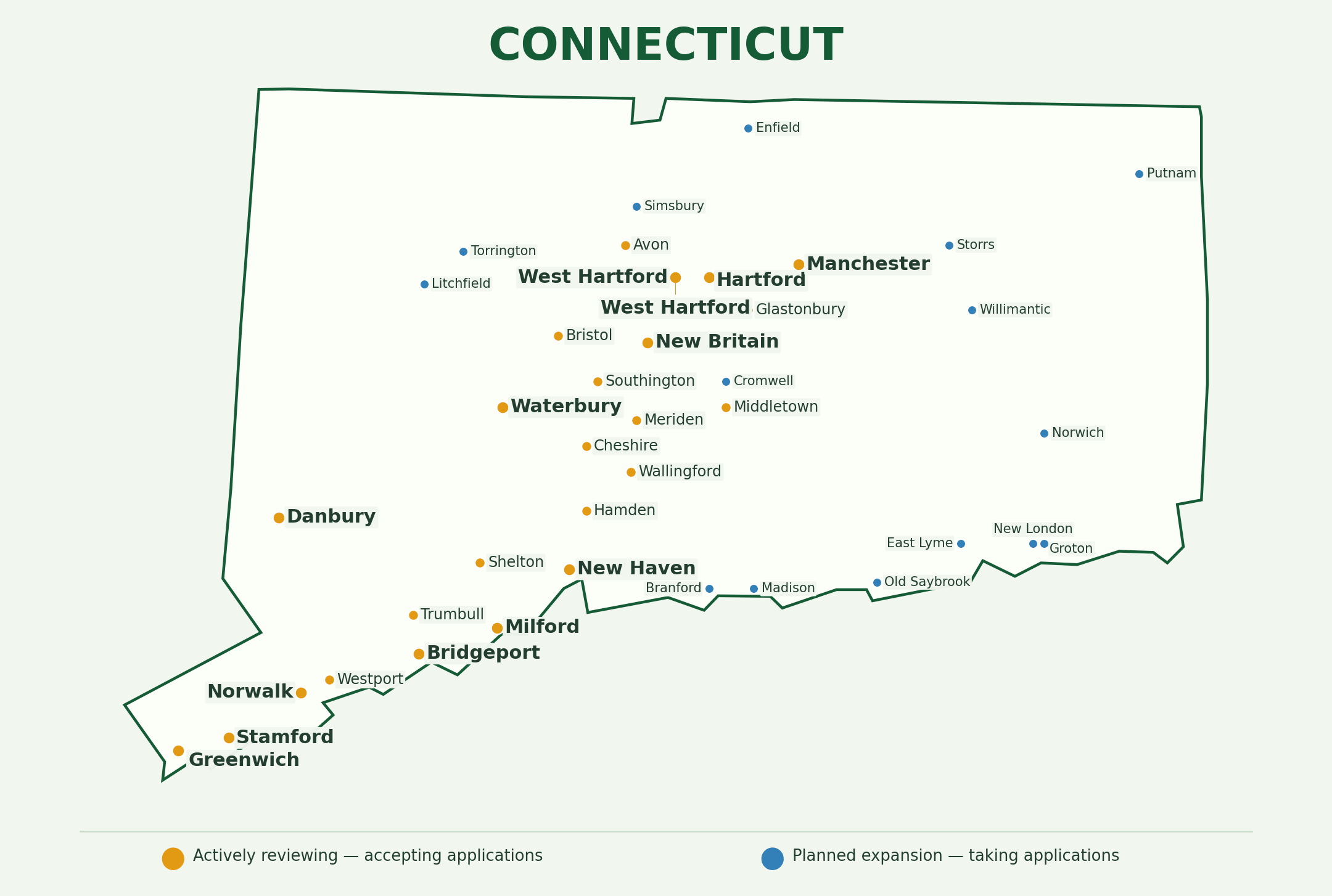 Connecticut landscaping provider coverage map showing active and planned application markets across the state