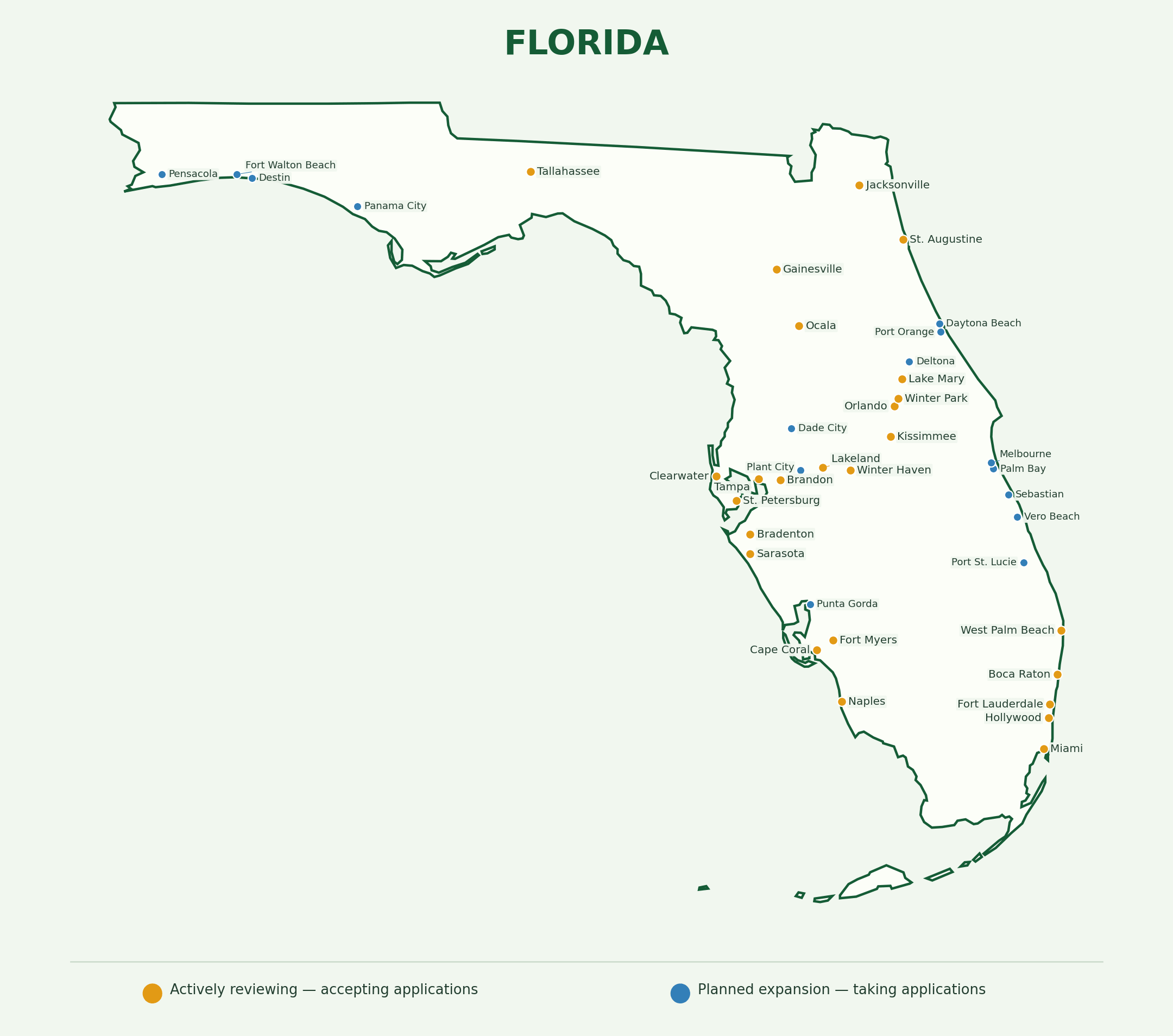 Florida landscaping provider coverage map showing active and planned application markets across the state