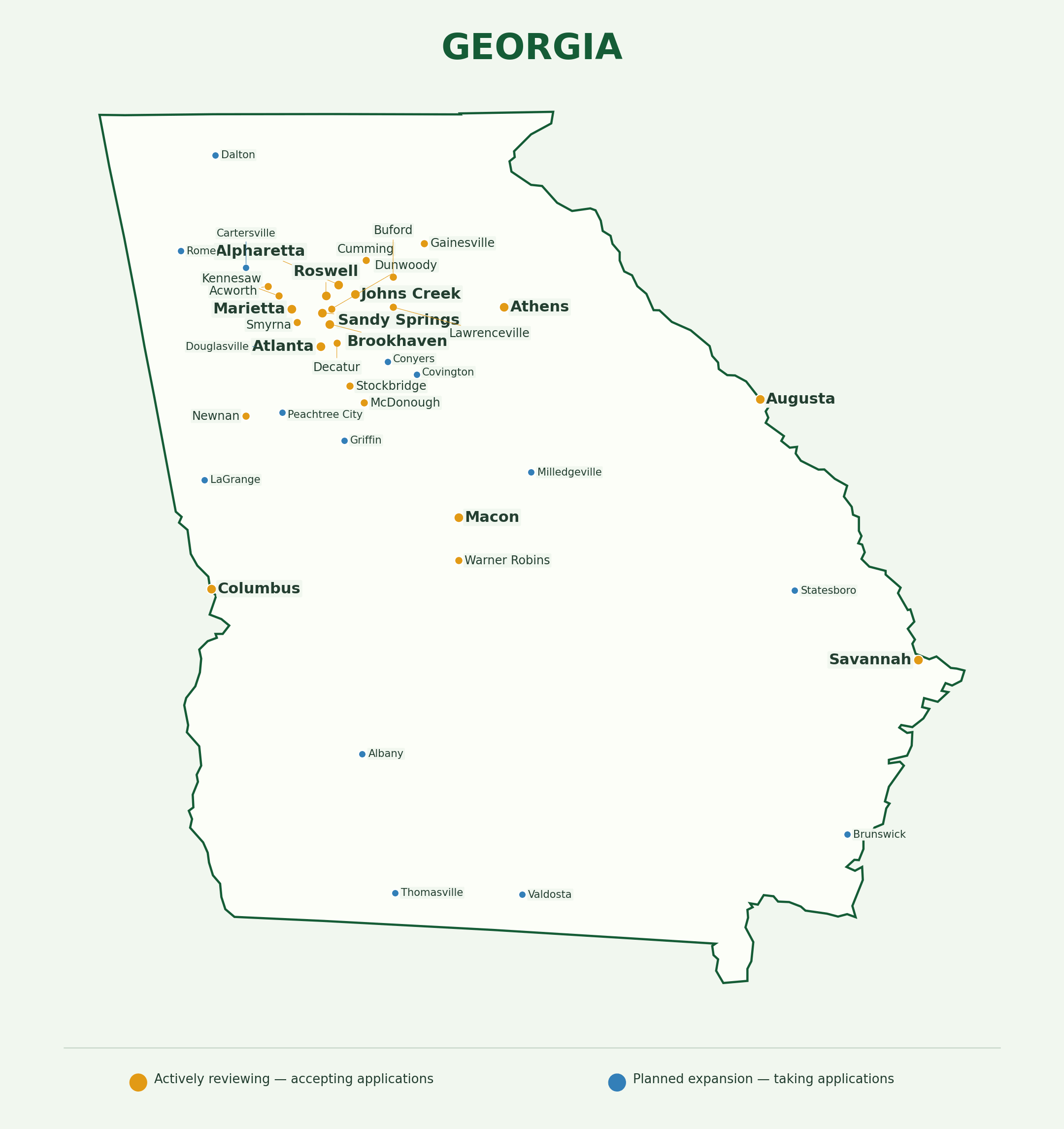 Georgia landscaping provider coverage map showing active and planned application markets across the state
