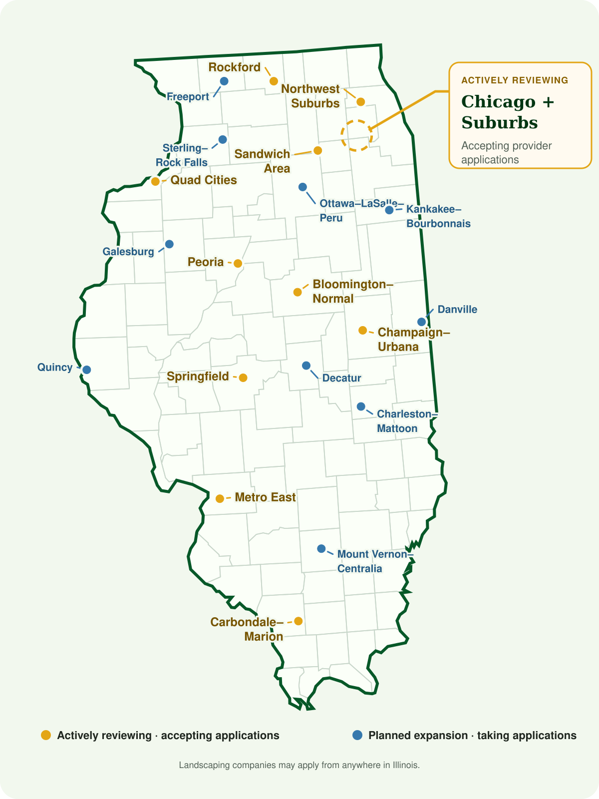 Illinois landscaping provider coverage map showing active and planned application markets across the state