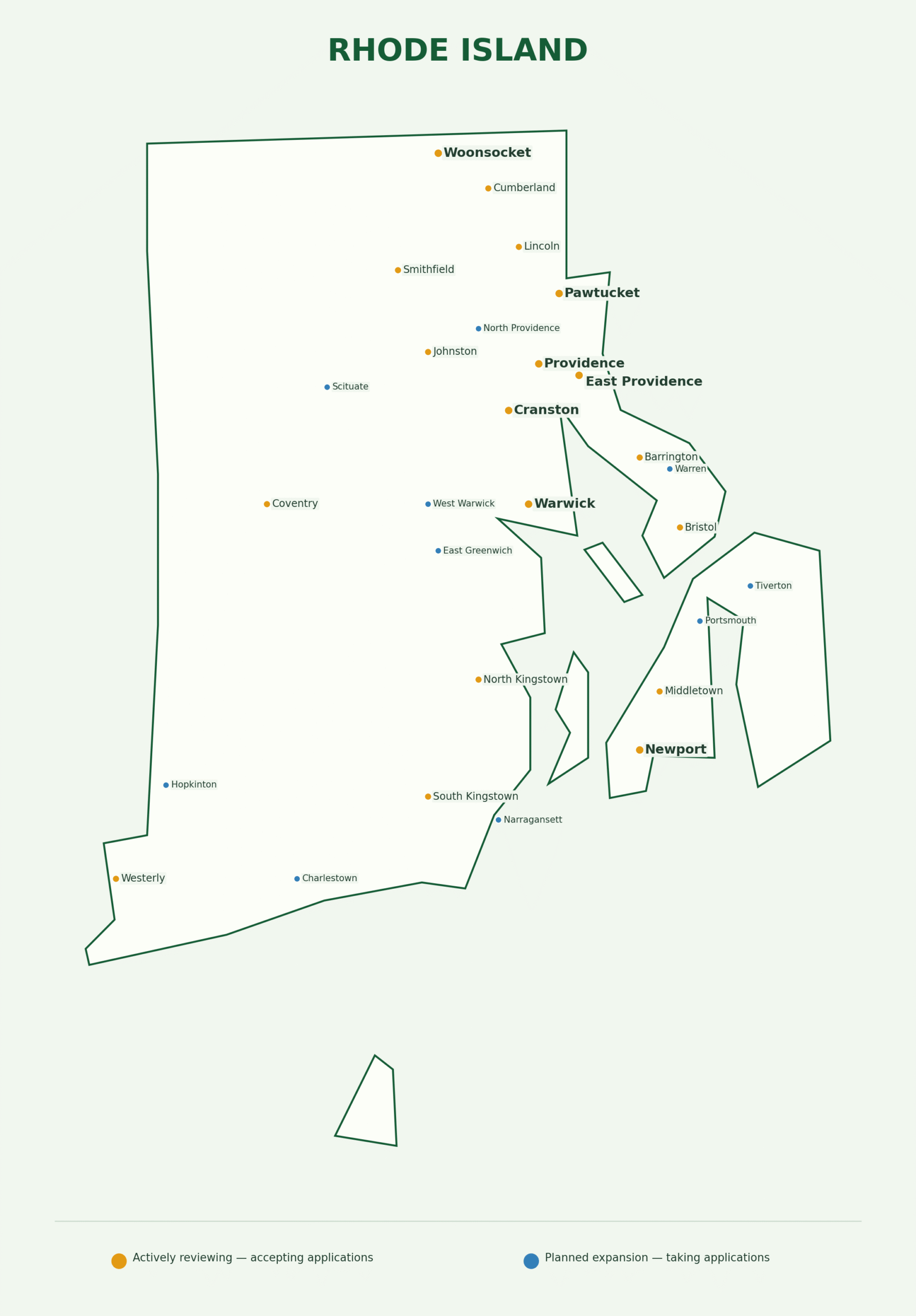 Rhode Island landscaping provider coverage map showing active and planned application markets across the state