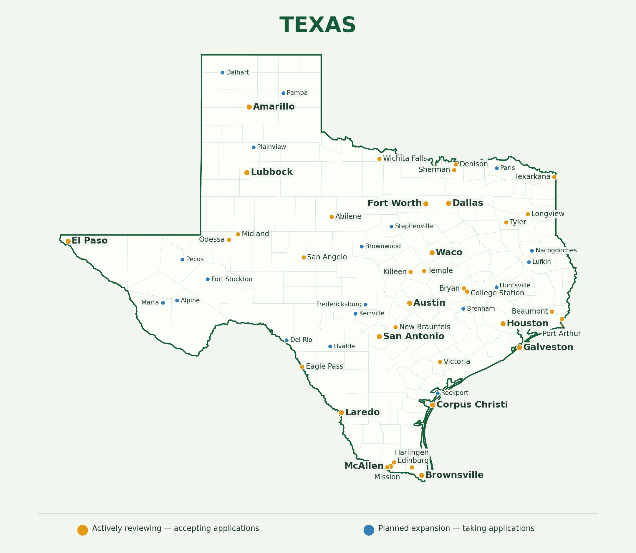 Texas landscaping provider coverage map showing active and planned application markets across the state
