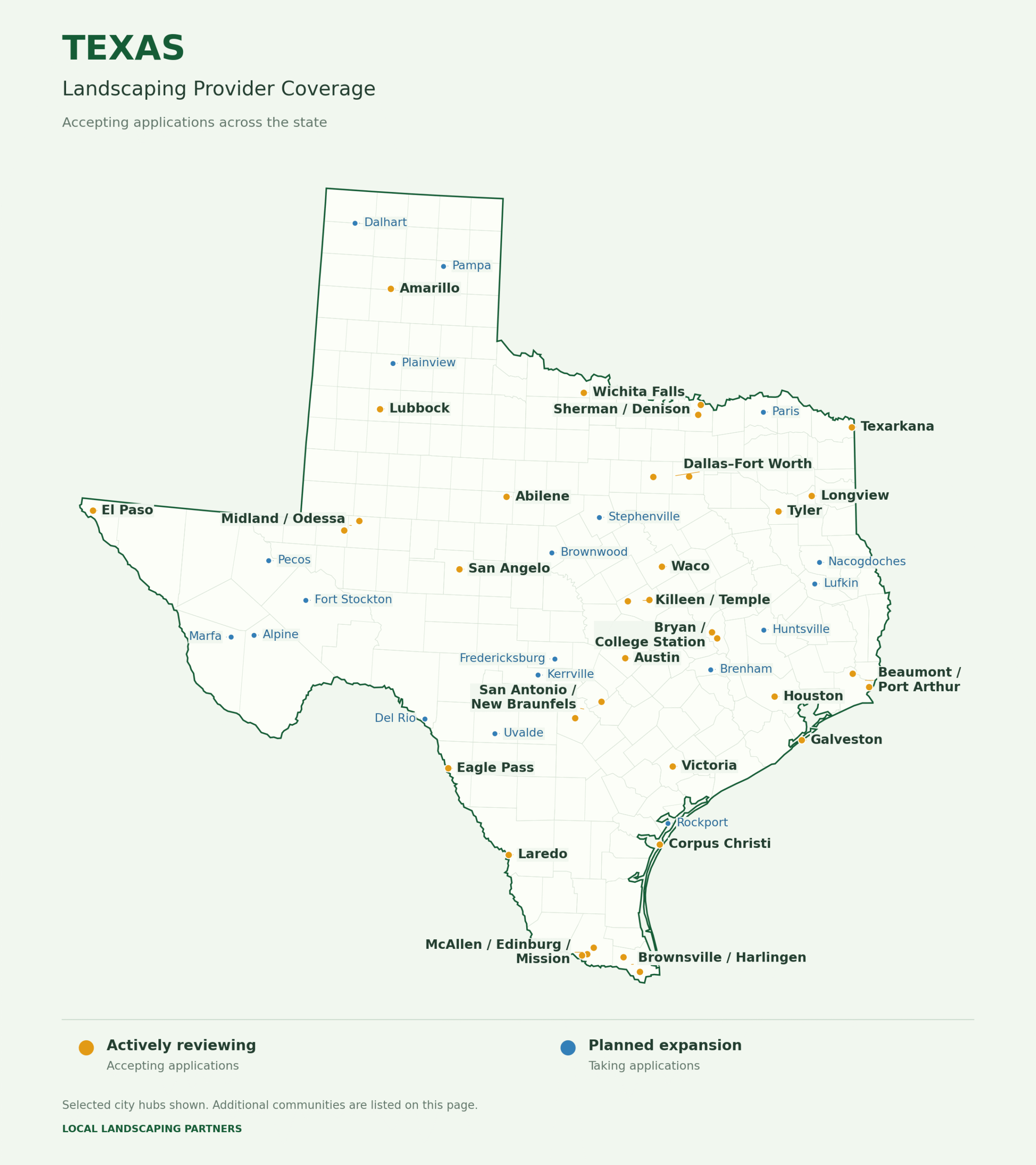 Texas landscaping provider coverage map showing active and planned application markets across the state