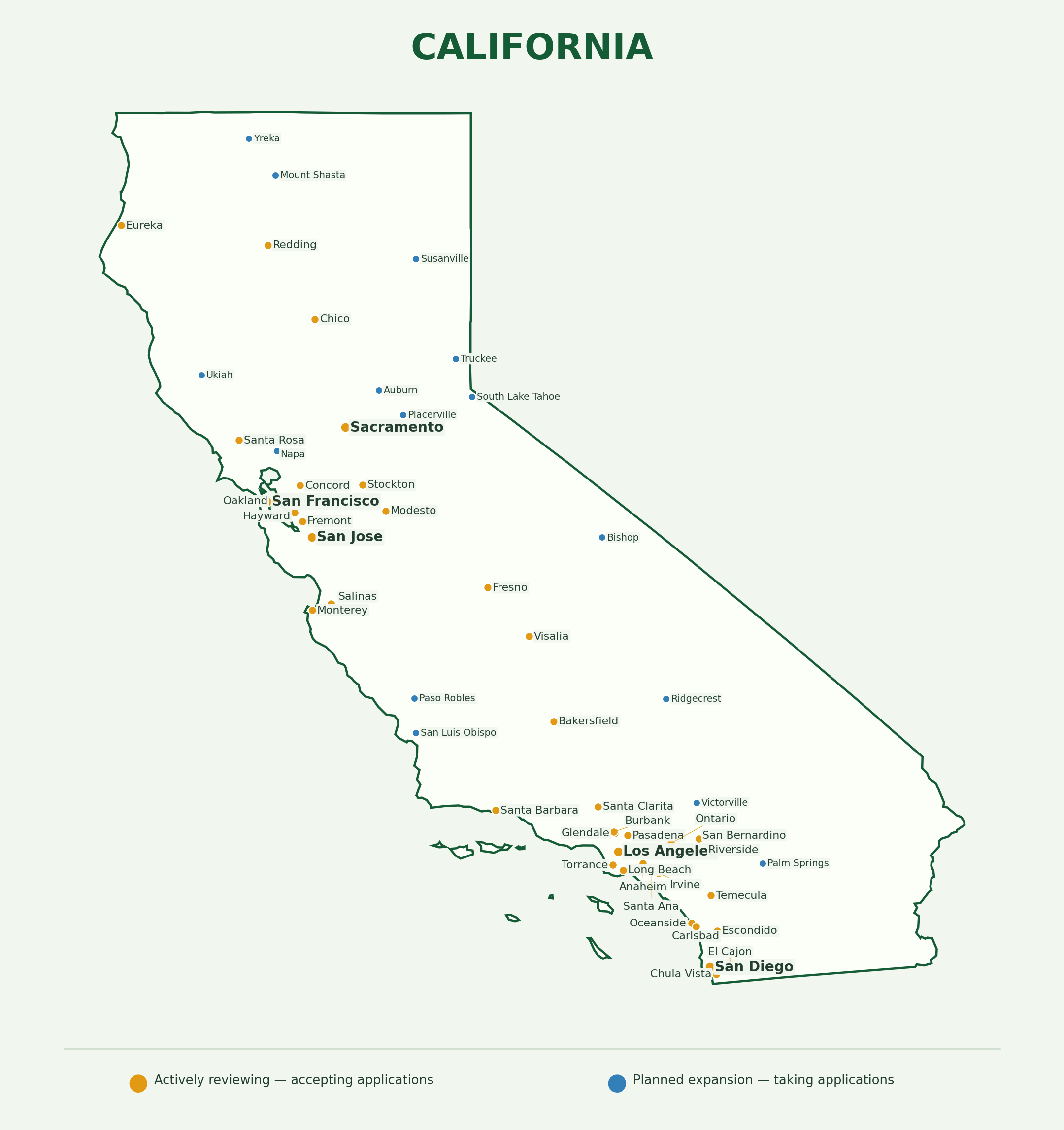 California landscaping provider coverage map showing active and planned application markets across the state