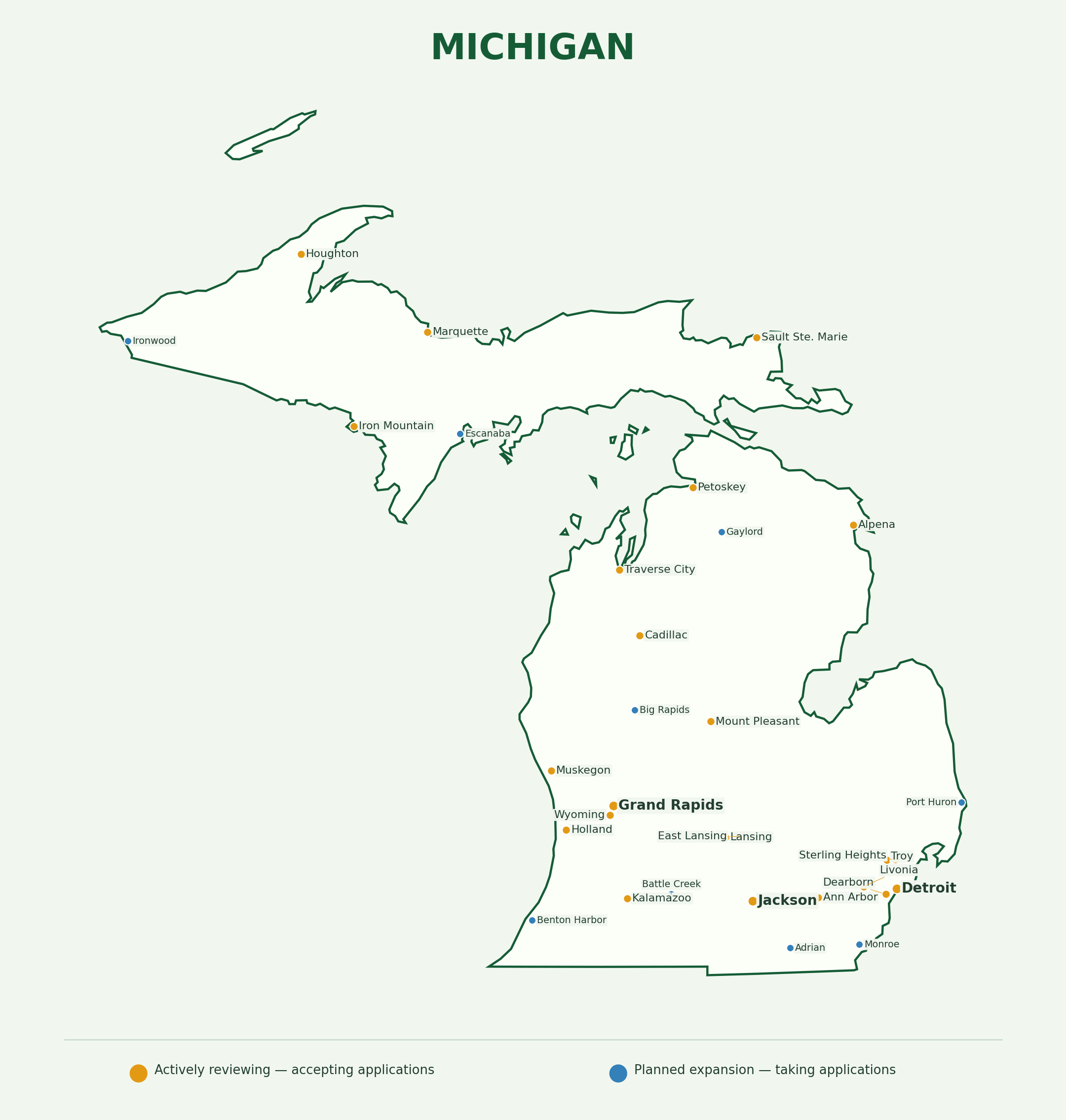 Michigan landscaping provider coverage map showing active and planned application markets across the state