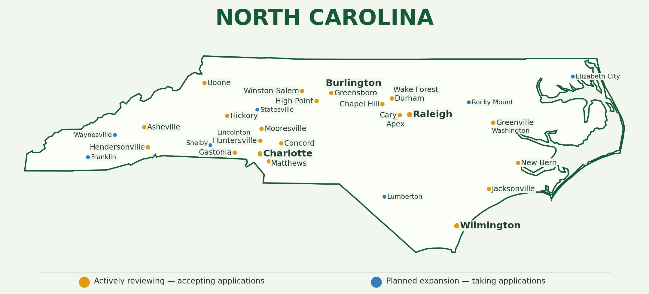 North Caroliona landscaping provider coverage map showing active and planned application markets across the state