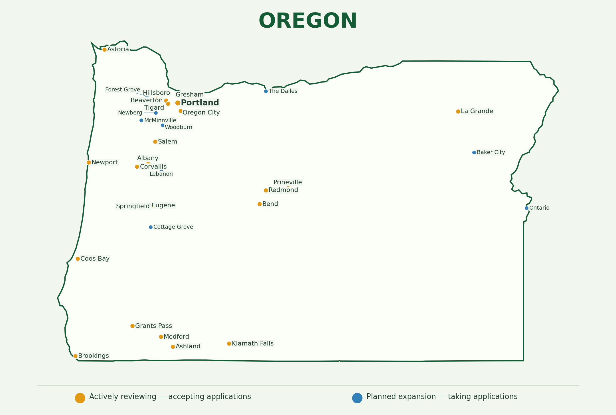 Oregon landscaping provider coverage map showing active and planned application markets across the state