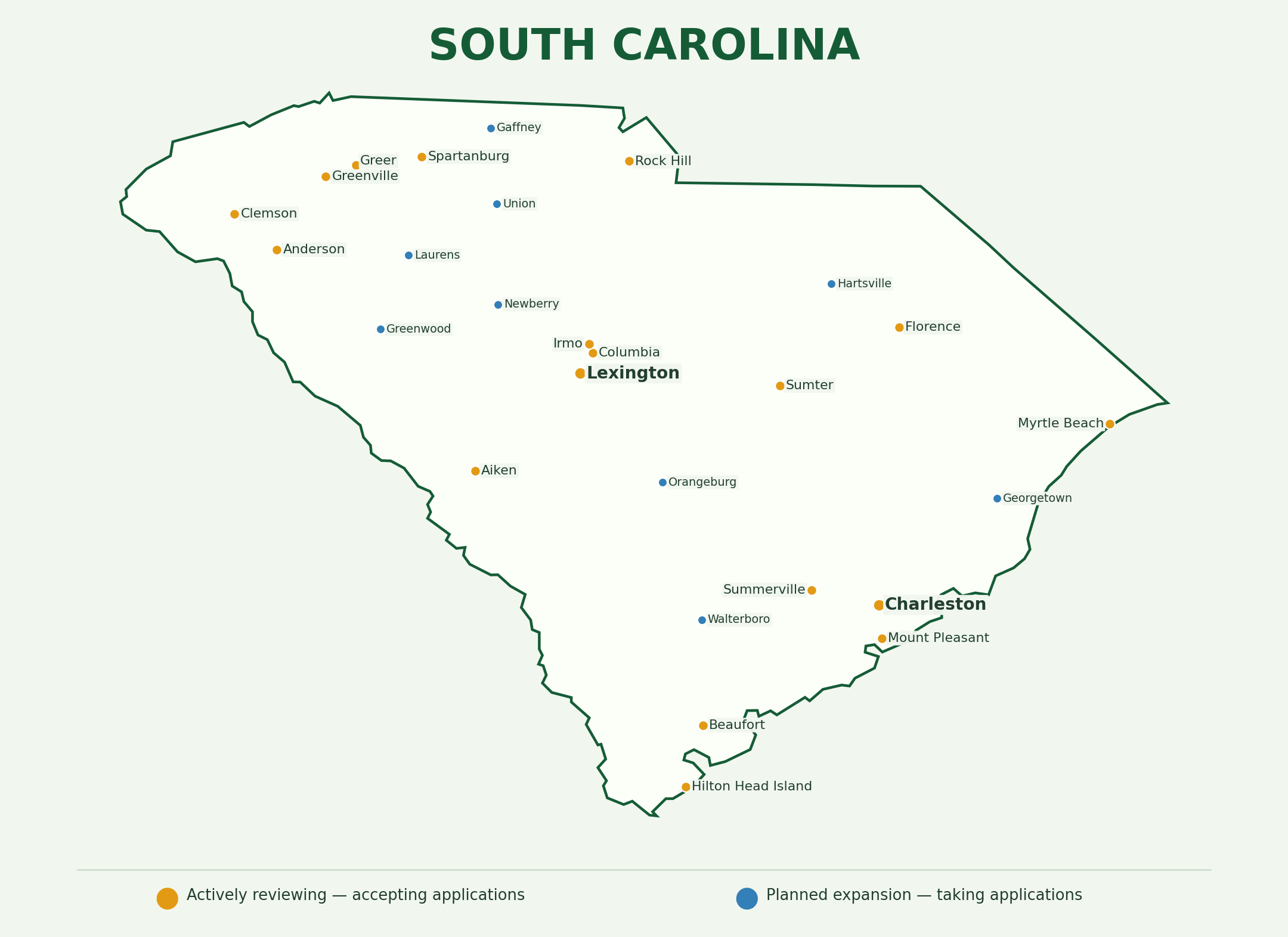 South Carolina landscaping provider coverage map showing active and planned application markets across the state
