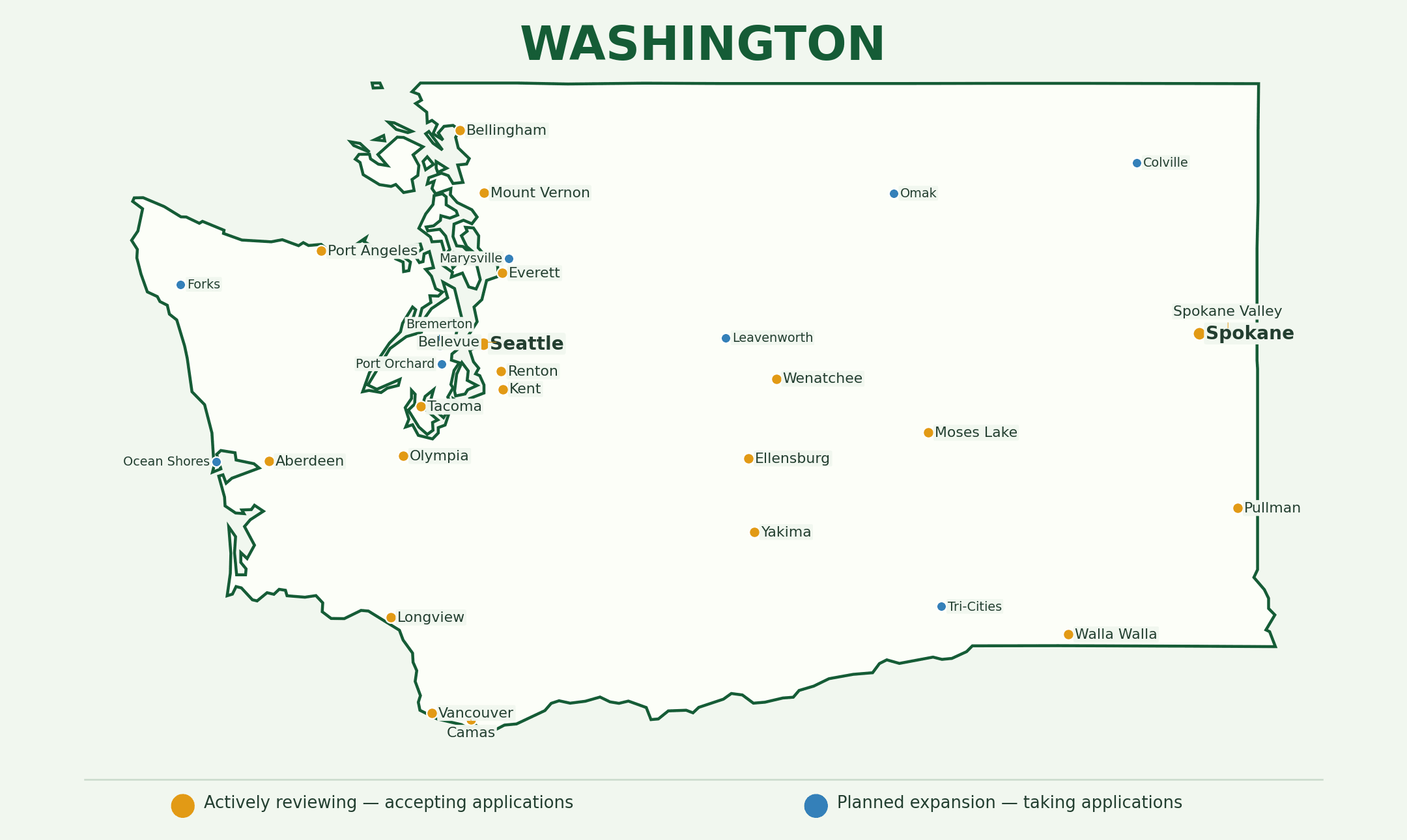 Washington landscaping provider coverage map showing active and planned application markets across the state